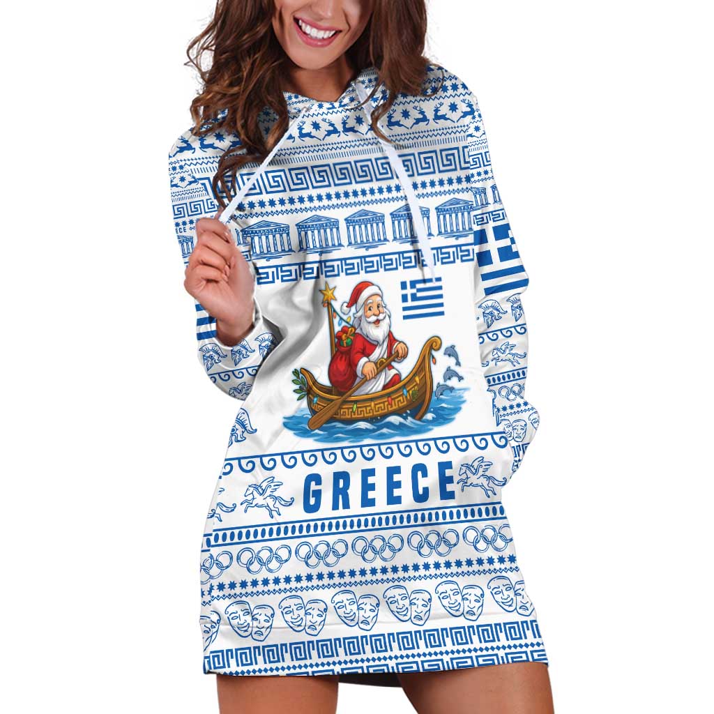 Greece Christmas Hoodie Dress with Santa Rowing Boat Greek Flag Laurel Wreath Parthenon and Blue White Pattern Design - Wonder Print Shop