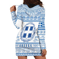 Greece Christmas Hoodie Dress with Santa Rowing Boat Greek Flag Laurel Wreath Parthenon and Blue White Pattern Design - Wonder Print Shop
