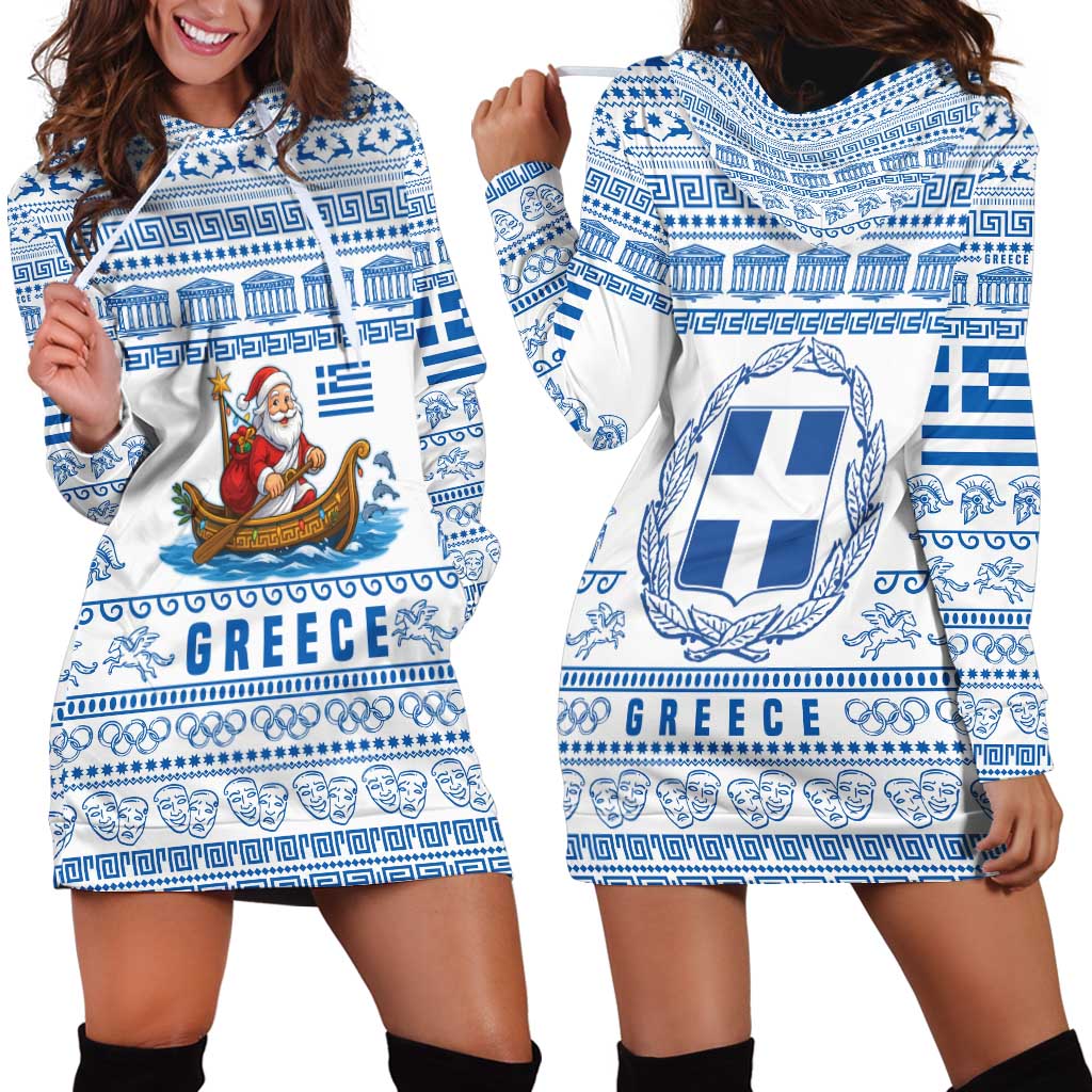 Greece Christmas Hoodie Dress with Santa Rowing Boat Greek Flag Laurel Wreath Parthenon and Blue White Pattern Design - Wonder Print Shop