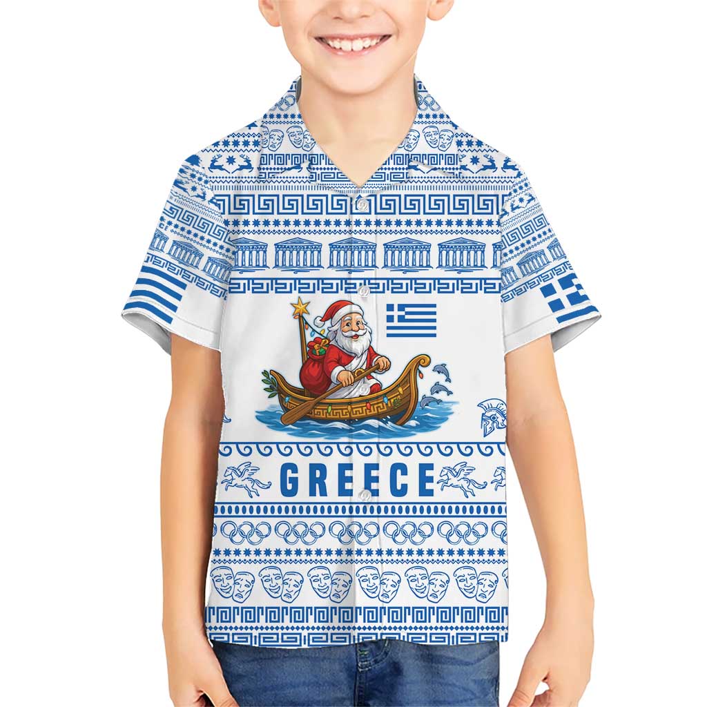 Greece Christmas Kid Hawaiian Shirt with Santa Rowing Boat Greek Flag Laurel Wreath Parthenon and Blue White Pattern Design - Wonder Print Shop