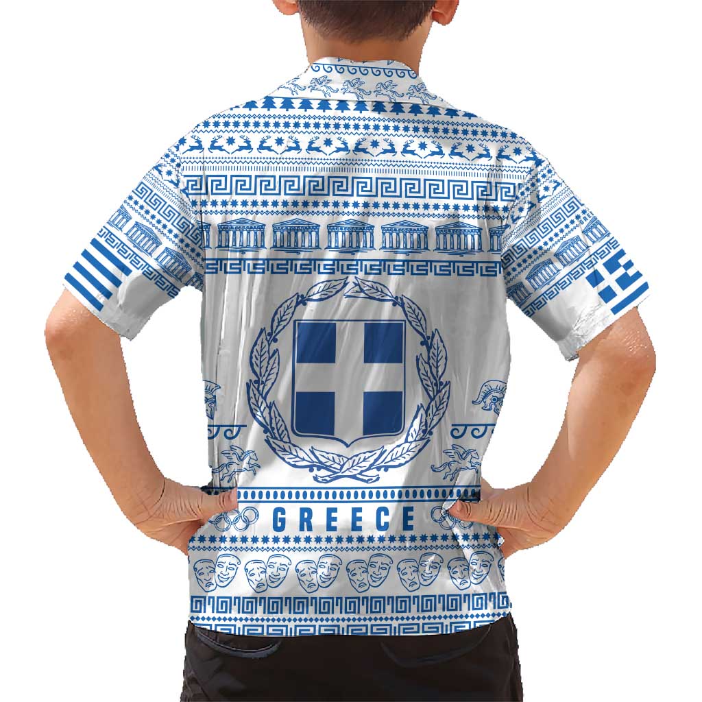 Greece Christmas Kid Hawaiian Shirt with Santa Rowing Boat Greek Flag Laurel Wreath Parthenon and Blue White Pattern Design - Wonder Print Shop