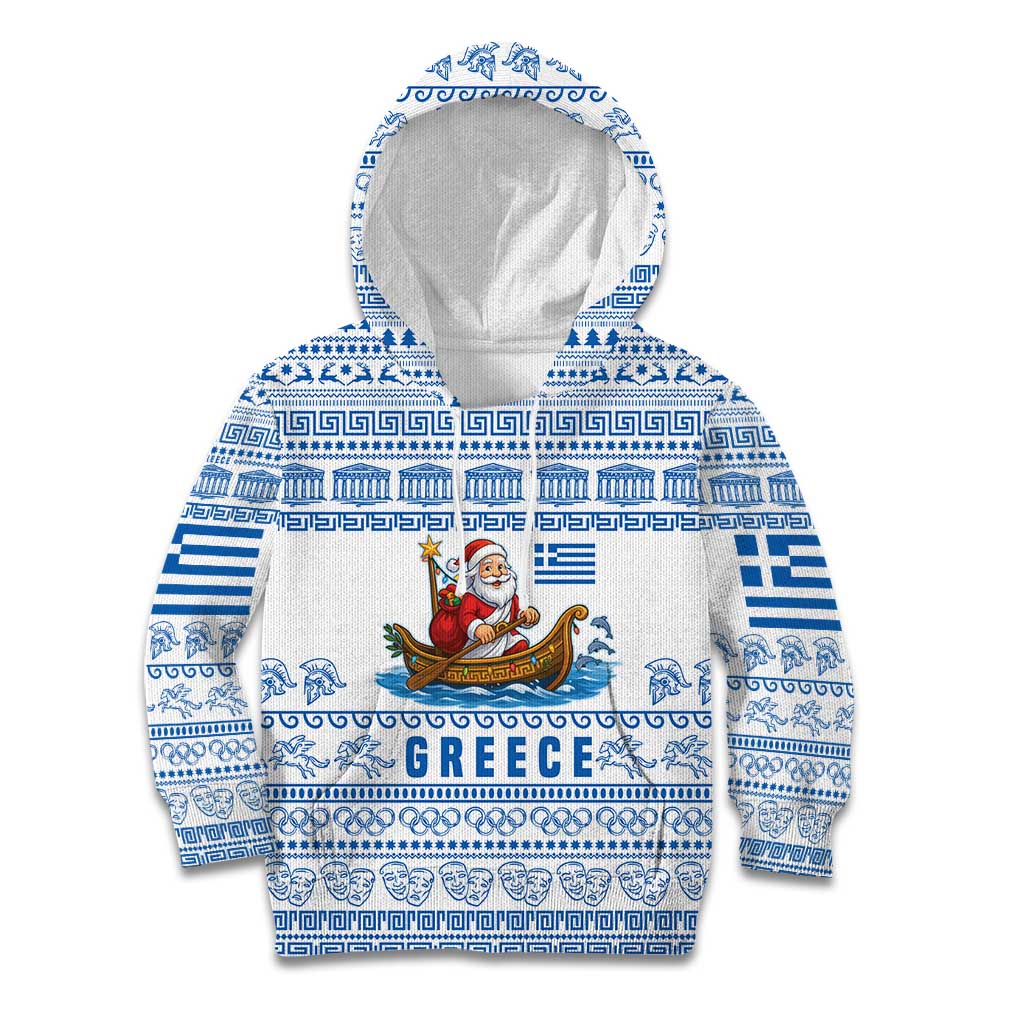 Greece Christmas Kid Hoodie with Santa Rowing Boat Greek Flag Laurel Wreath Parthenon and Blue White Pattern Design - Wonder Print Shop