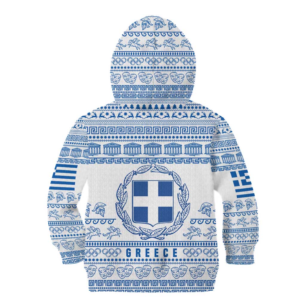 Greece Christmas Kid Hoodie with Santa Rowing Boat Greek Flag Laurel Wreath Parthenon and Blue White Pattern Design - Wonder Print Shop