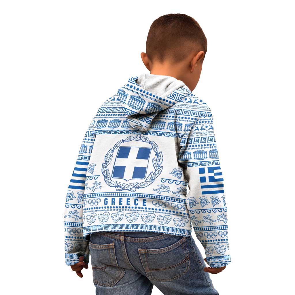 Greece Christmas Kid Hoodie with Santa Rowing Boat Greek Flag Laurel Wreath Parthenon and Blue White Pattern Design - Wonder Print Shop