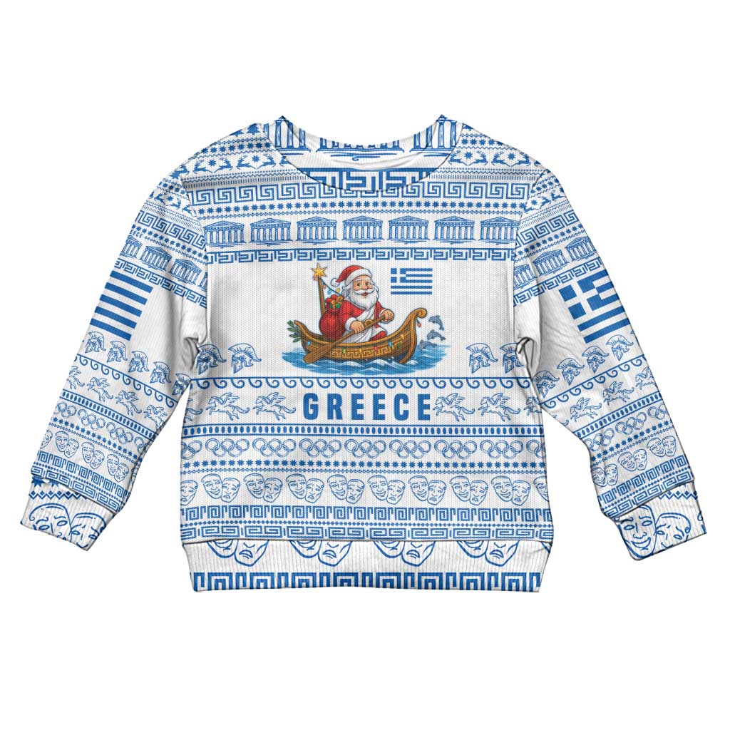 Greece Christmas Kid Ugly Christmas Sweater with Santa Rowing Boat Greek Flag Laurel Wreath Parthenon and Blue White Pattern Design - Wonder Print Shop
