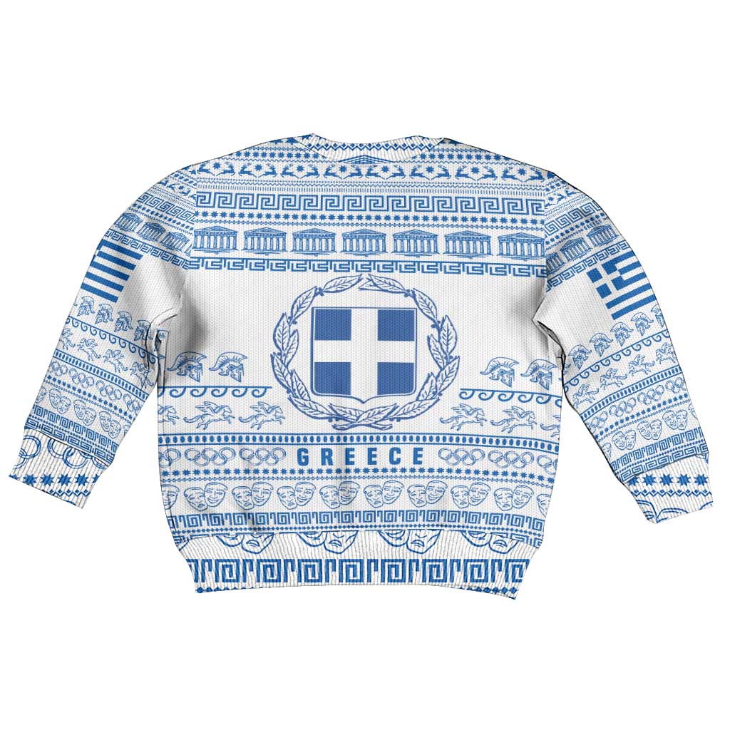 Greece Christmas Kid Ugly Christmas Sweater with Santa Rowing Boat Greek Flag Laurel Wreath Parthenon and Blue White Pattern Design - Wonder Print Shop