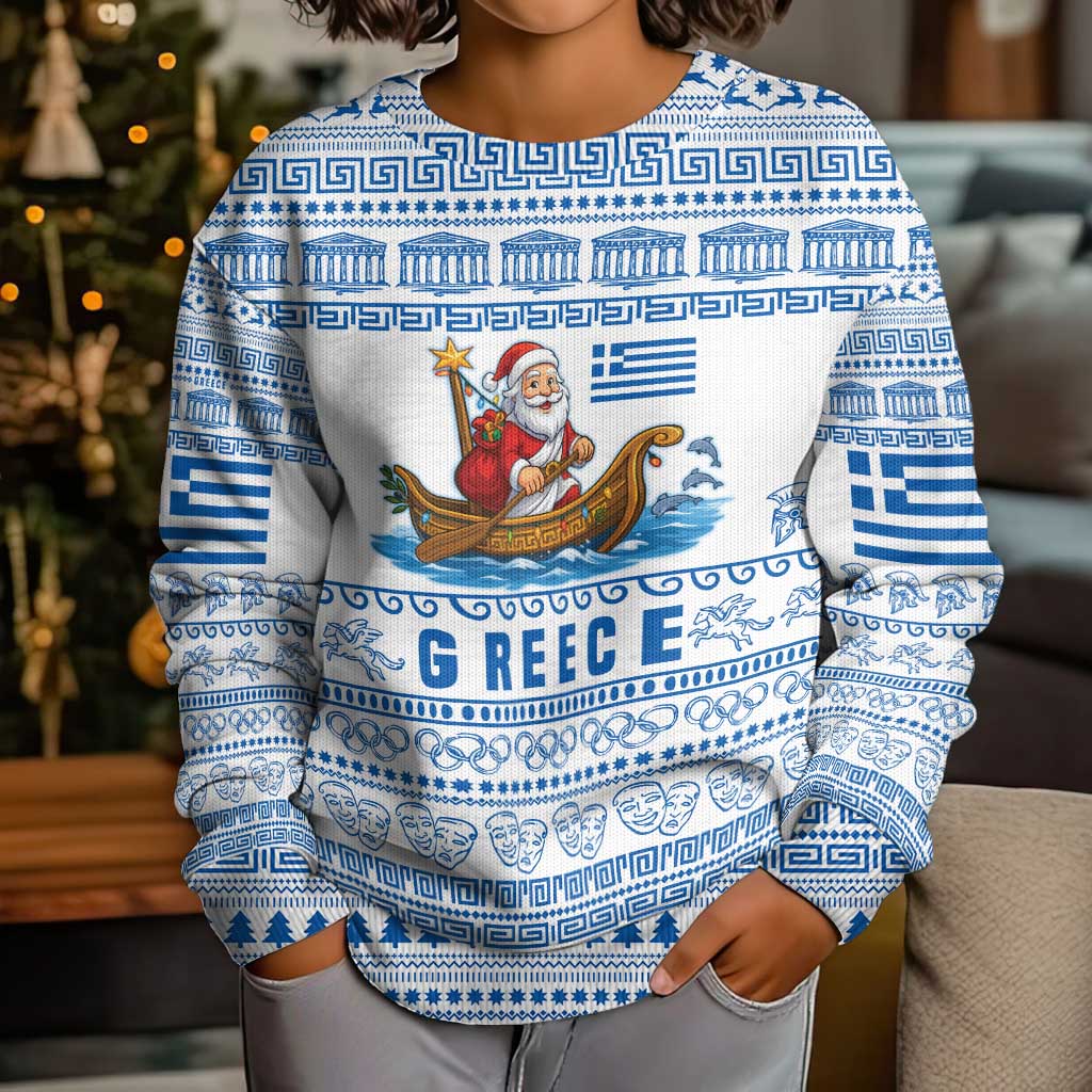 Greece Christmas Kid Ugly Christmas Sweater with Santa Rowing Boat Greek Flag Laurel Wreath Parthenon and Blue White Pattern Design - Wonder Print Shop