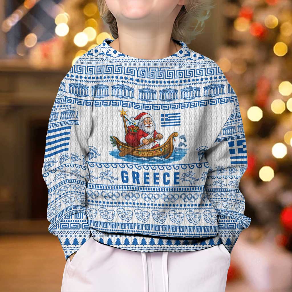 Greece Christmas Kid Ugly Christmas Sweater with Santa Rowing Boat Greek Flag Laurel Wreath Parthenon and Blue White Pattern Design - Wonder Print Shop