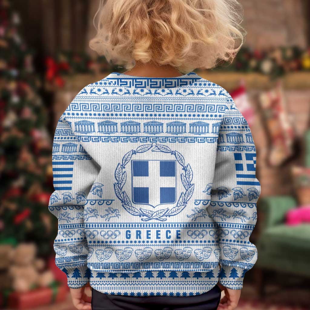 Greece Christmas Kid Ugly Christmas Sweater with Santa Rowing Boat Greek Flag Laurel Wreath Parthenon and Blue White Pattern Design - Wonder Print Shop