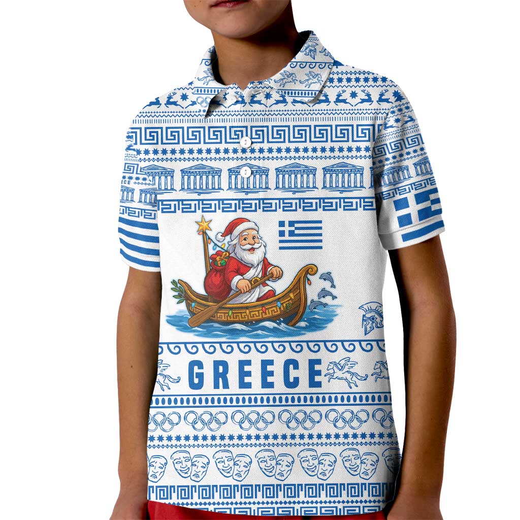 Greece Christmas Kid Polo Shirt with Santa Rowing Boat Greek Flag Laurel Wreath Parthenon and Blue White Pattern Design - Wonder Print Shop