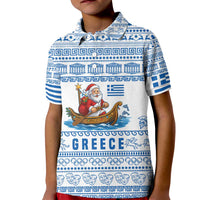 Greece Christmas Kid Polo Shirt with Santa Rowing Boat Greek Flag Laurel Wreath Parthenon and Blue White Pattern Design - Wonder Print Shop