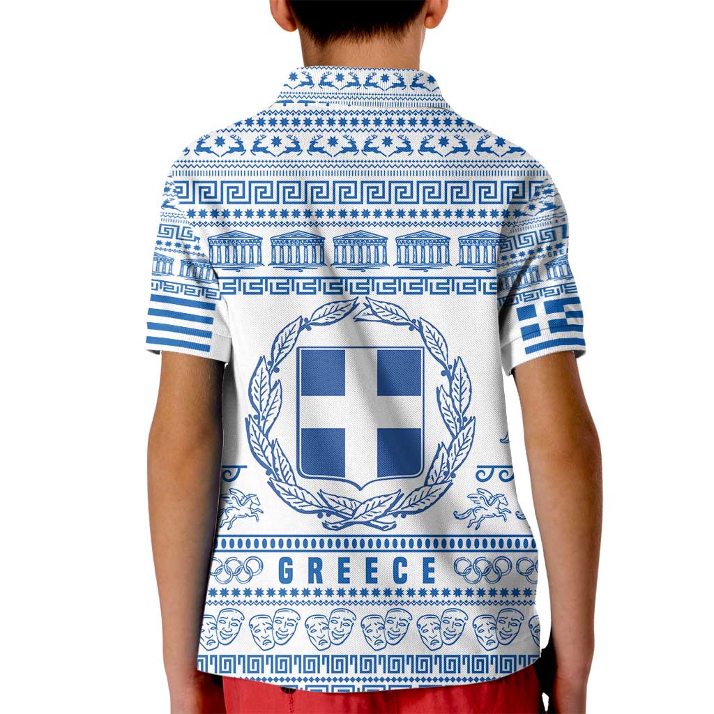 Greece Christmas Kid Polo Shirt with Santa Rowing Boat Greek Flag Laurel Wreath Parthenon and Blue White Pattern Design - Wonder Print Shop
