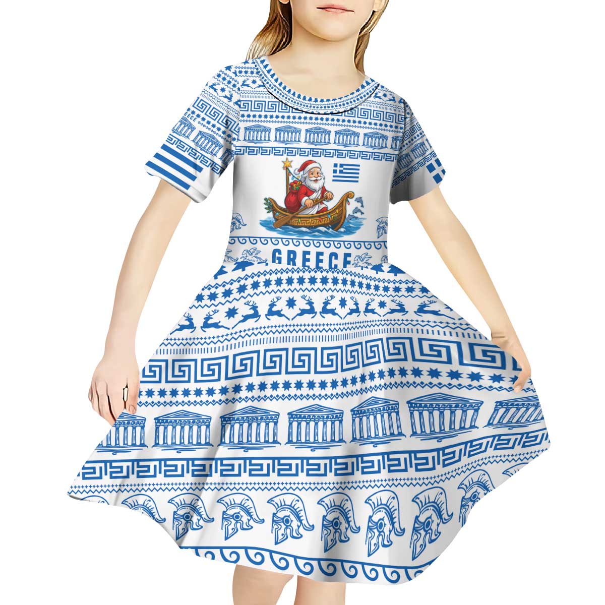 Greece Christmas Kid Short Sleeve Dress with Santa Rowing Boat Greek Flag Laurel Wreath Parthenon and Blue White Pattern Design - Wonder Print Shop