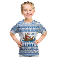 Greece Christmas Kid T Shirt with Santa Rowing Boat Greek Flag Laurel Wreath Parthenon and Blue White Pattern Design - Wonder Print Shop