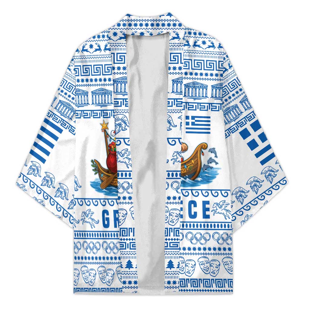 Greece Christmas Kimono with Santa Rowing Boat Greek Flag Laurel Wreath Parthenon and Blue White Pattern Design - Wonder Print Shop