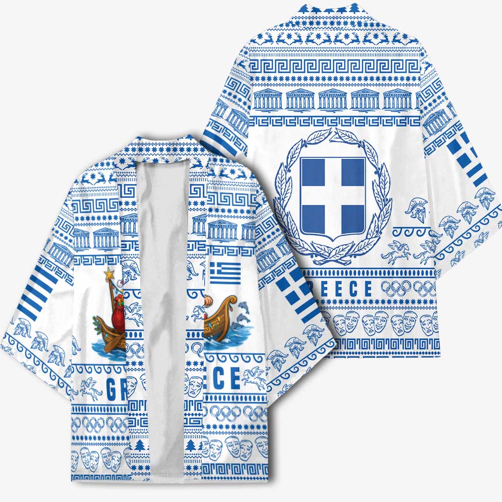 Greece Christmas Kimono with Santa Rowing Boat Greek Flag Laurel Wreath Parthenon and Blue White Pattern Design - Wonder Print Shop