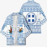 Greece Christmas Kimono with Santa Rowing Boat Greek Flag Laurel Wreath Parthenon and Blue White Pattern Design - Wonder Print Shop