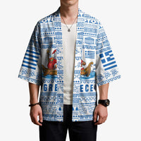 Greece Christmas Kimono with Santa Rowing Boat Greek Flag Laurel Wreath Parthenon and Blue White Pattern Design - Wonder Print Shop