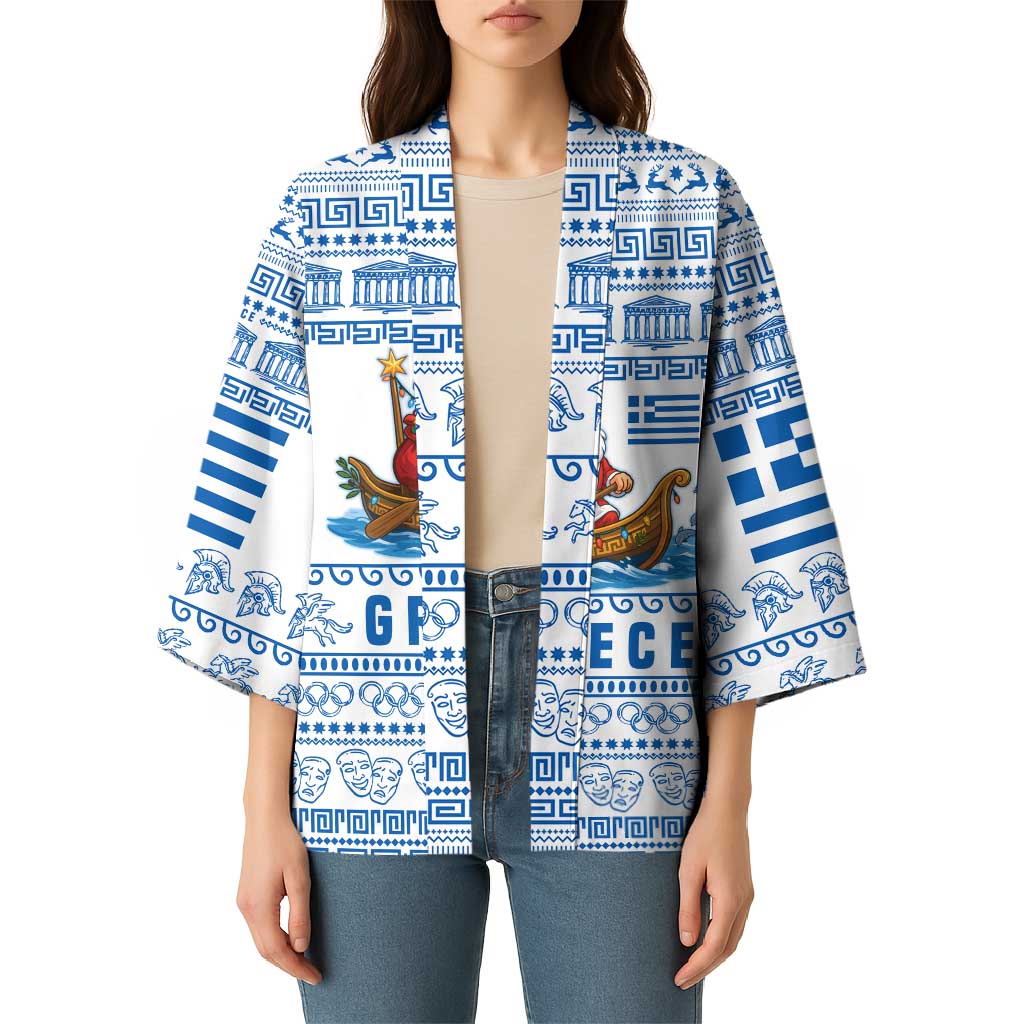 Greece Christmas Kimono with Santa Rowing Boat Greek Flag Laurel Wreath Parthenon and Blue White Pattern Design - Wonder Print Shop