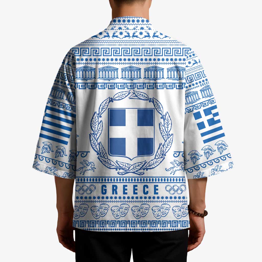 Greece Christmas Kimono with Santa Rowing Boat Greek Flag Laurel Wreath Parthenon and Blue White Pattern Design - Wonder Print Shop
