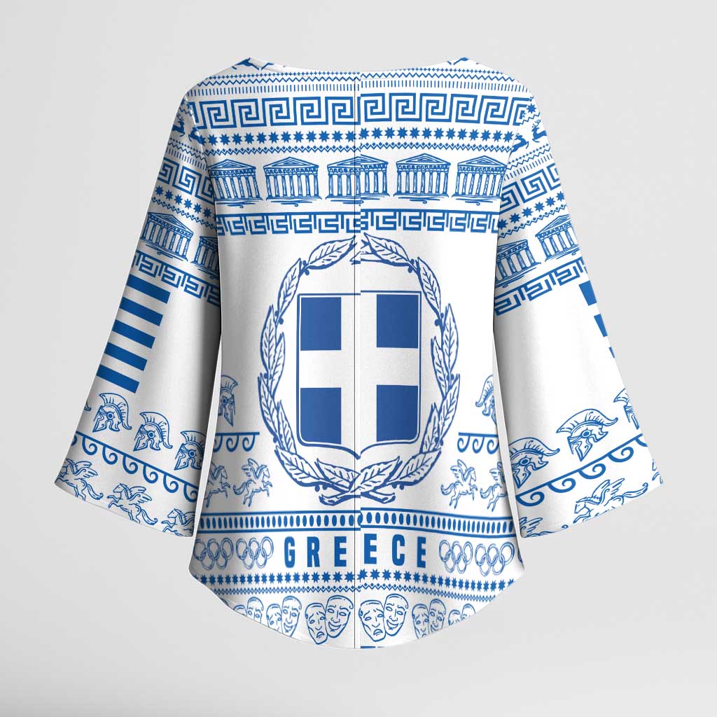 Greece Christmas Kimono Sleeve Blouse with Santa Rowing Boat Greek Flag Laurel Wreath Parthenon and Blue White Pattern Design - Wonder Print Shop