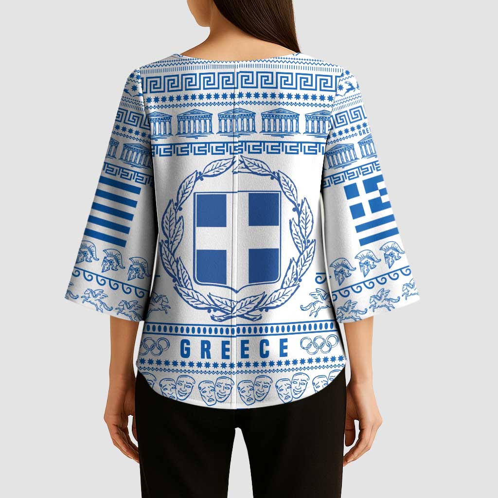Greece Christmas Kimono Sleeve Blouse with Santa Rowing Boat Greek Flag Laurel Wreath Parthenon and Blue White Pattern Design - Wonder Print Shop