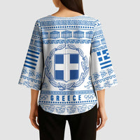 Greece Christmas Kimono Sleeve Blouse with Santa Rowing Boat Greek Flag Laurel Wreath Parthenon and Blue White Pattern Design - Wonder Print Shop