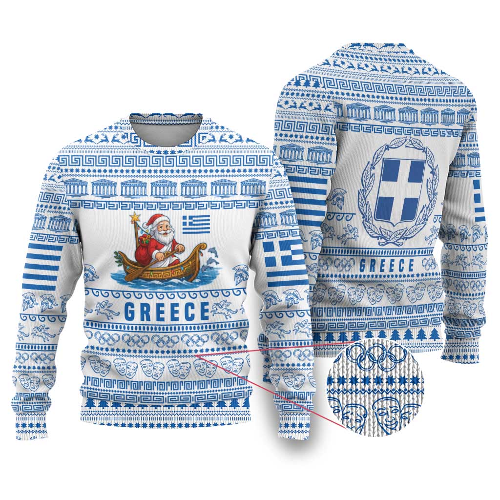 Greece Christmas Ugly Christmas Sweater with Santa Rowing Boat Greek Flag Laurel Wreath Parthenon and Blue White Pattern Design - Wonder Print Shop