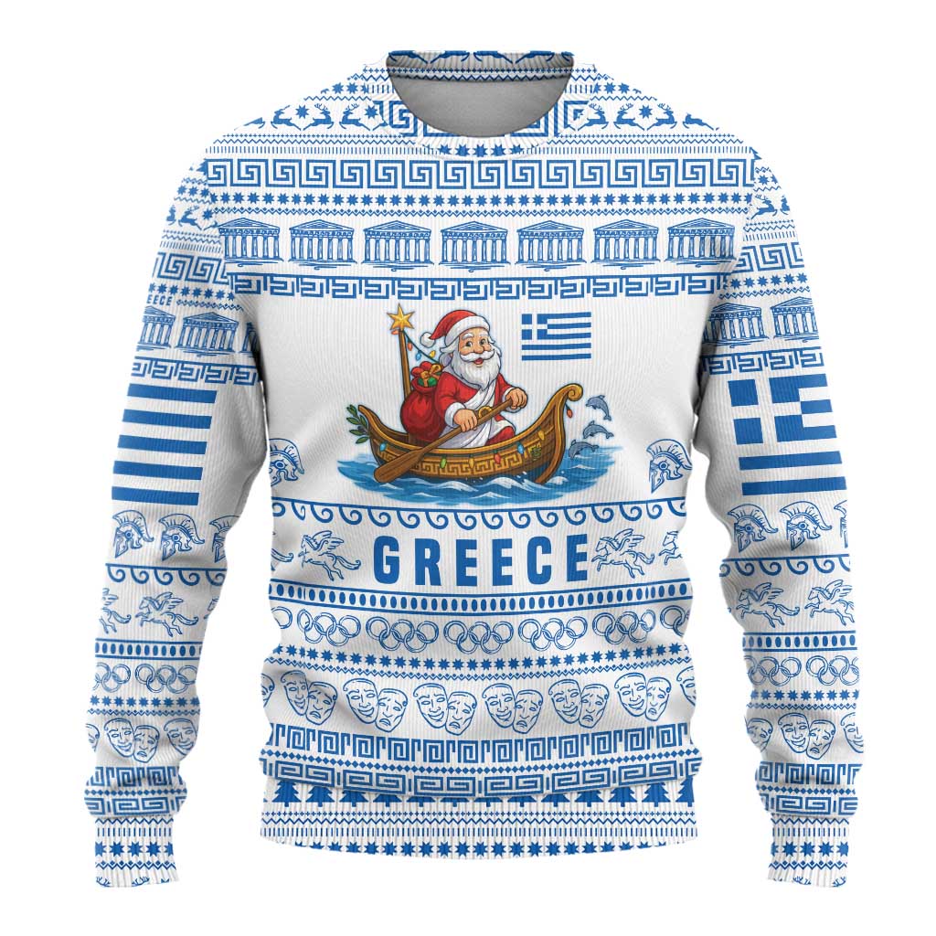 Greece Christmas Ugly Christmas Sweater with Santa Rowing Boat Greek Flag Laurel Wreath Parthenon and Blue White Pattern Design - Wonder Print Shop