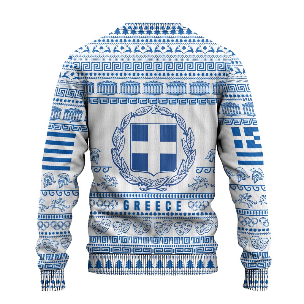 Greece Christmas Ugly Christmas Sweater with Santa Rowing Boat Greek Flag Laurel Wreath Parthenon and Blue White Pattern Design - Wonder Print Shop