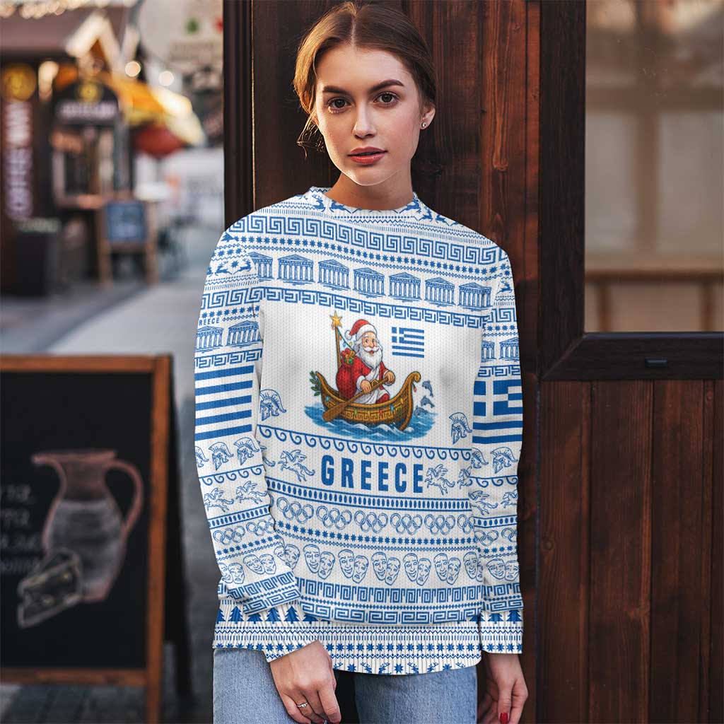Greece Christmas Ugly Christmas Sweater with Santa Rowing Boat Greek Flag Laurel Wreath Parthenon and Blue White Pattern Design - Wonder Print Shop