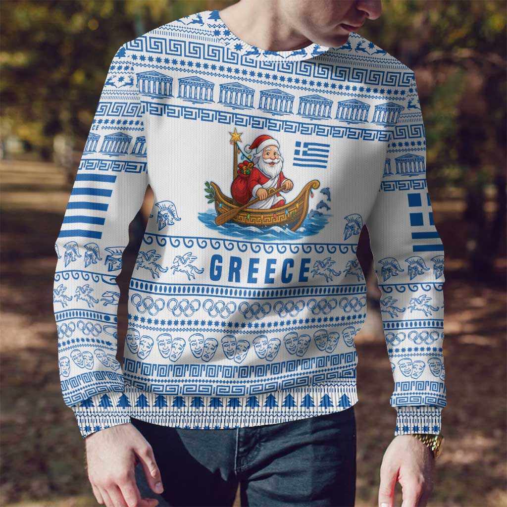 Greece Christmas Ugly Christmas Sweater with Santa Rowing Boat Greek Flag Laurel Wreath Parthenon and Blue White Pattern Design - Wonder Print Shop