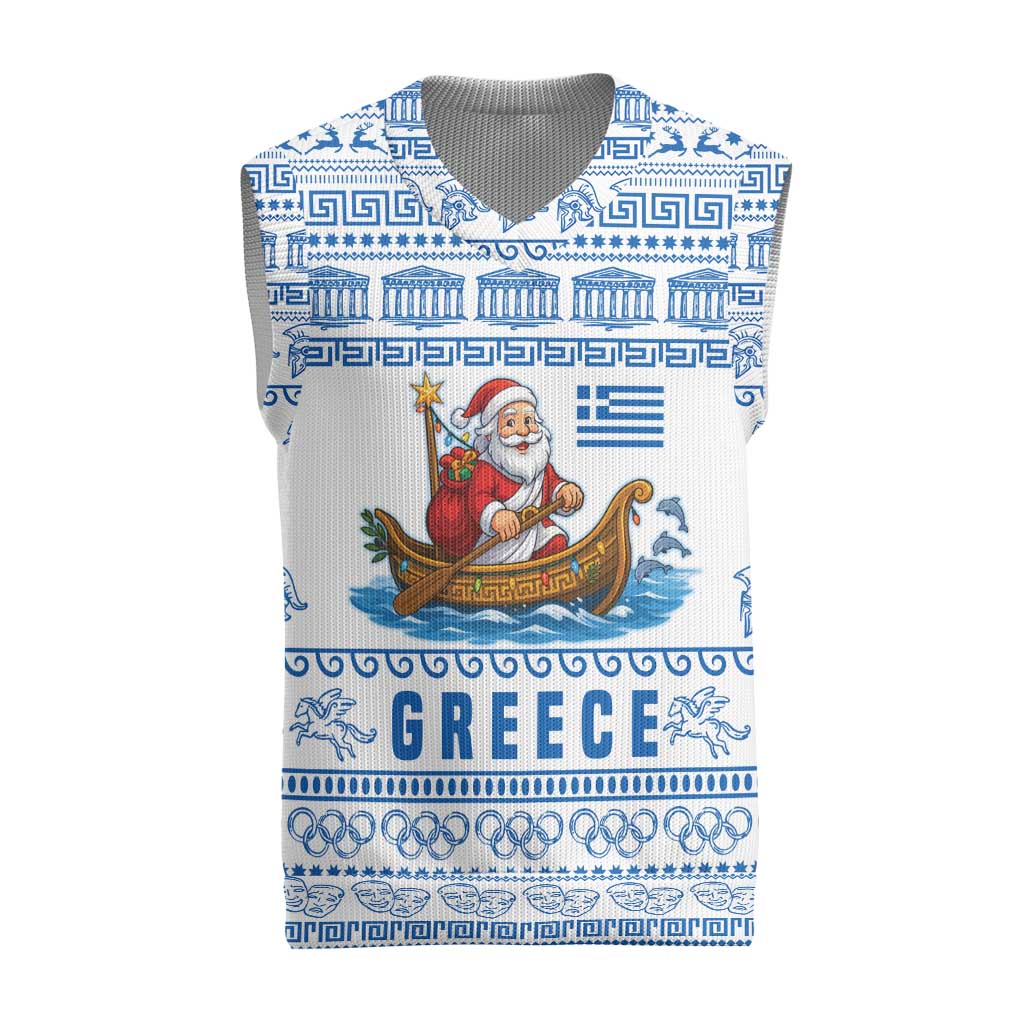 Greece Christmas Knitted V-Neck Vest with Santa Rowing Boat Greek Flag Laurel Wreath Parthenon and Blue White Pattern Design - Wonder Print Shop