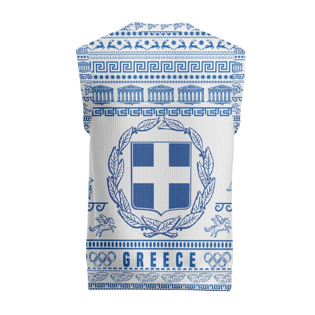 Greece Christmas Knitted V-Neck Vest with Santa Rowing Boat Greek Flag Laurel Wreath Parthenon and Blue White Pattern Design - Wonder Print Shop