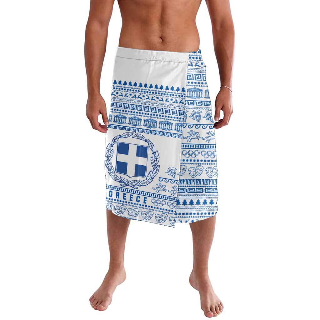 Greece Christmas Lavalava with Santa Rowing Boat Greek Flag Laurel Wreath Parthenon and Blue White Pattern Design - Wonder Print Shop
