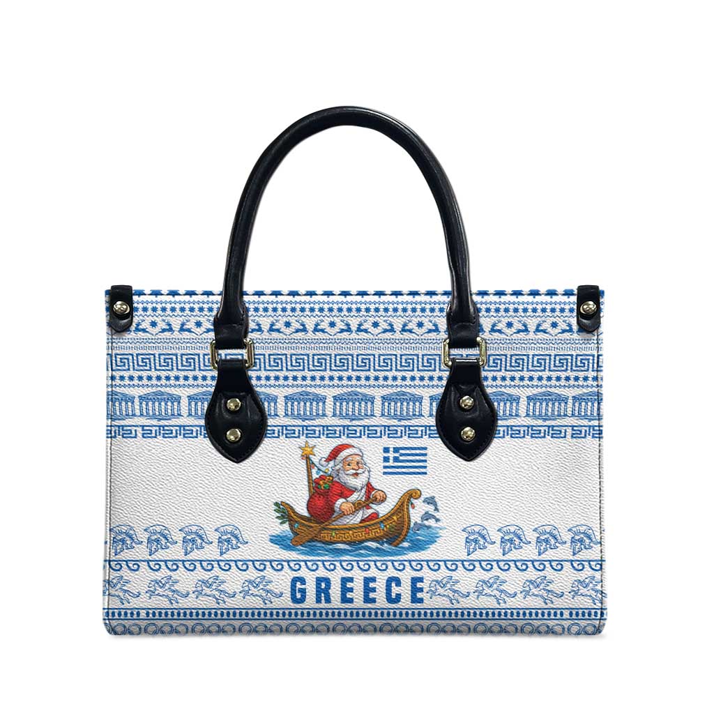 Greece Christmas Leather Bag with Santa Rowing Boat Greek Flag Laurel Wreath Parthenon and Blue White Pattern Design - Wonder Print Shop