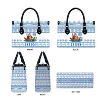 Greece Christmas Leather Bag with Santa Rowing Boat Greek Flag Laurel Wreath Parthenon and Blue White Pattern Design - Wonder Print Shop