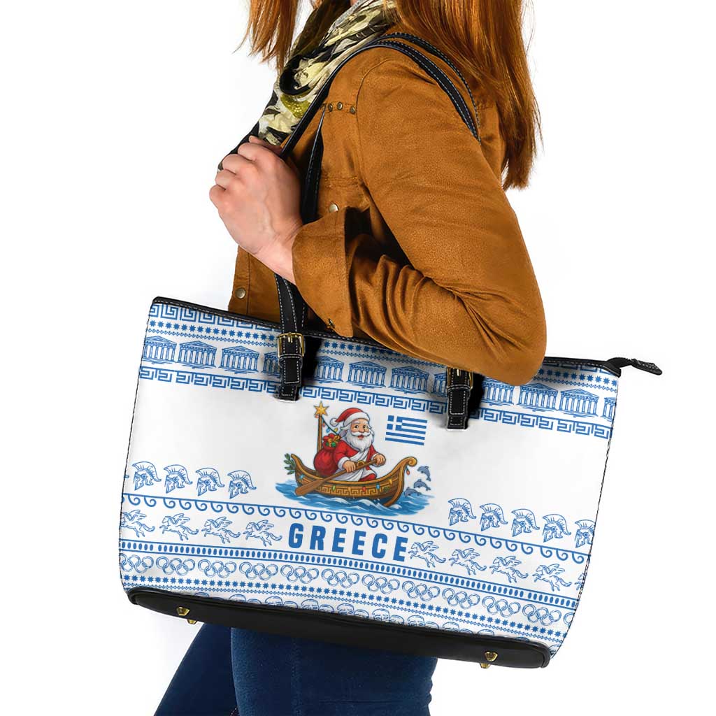 Greece Christmas Leather Tote Bag with Santa Rowing Boat Greek Flag Laurel Wreath Parthenon and Blue White Pattern Design - Wonder Print Shop