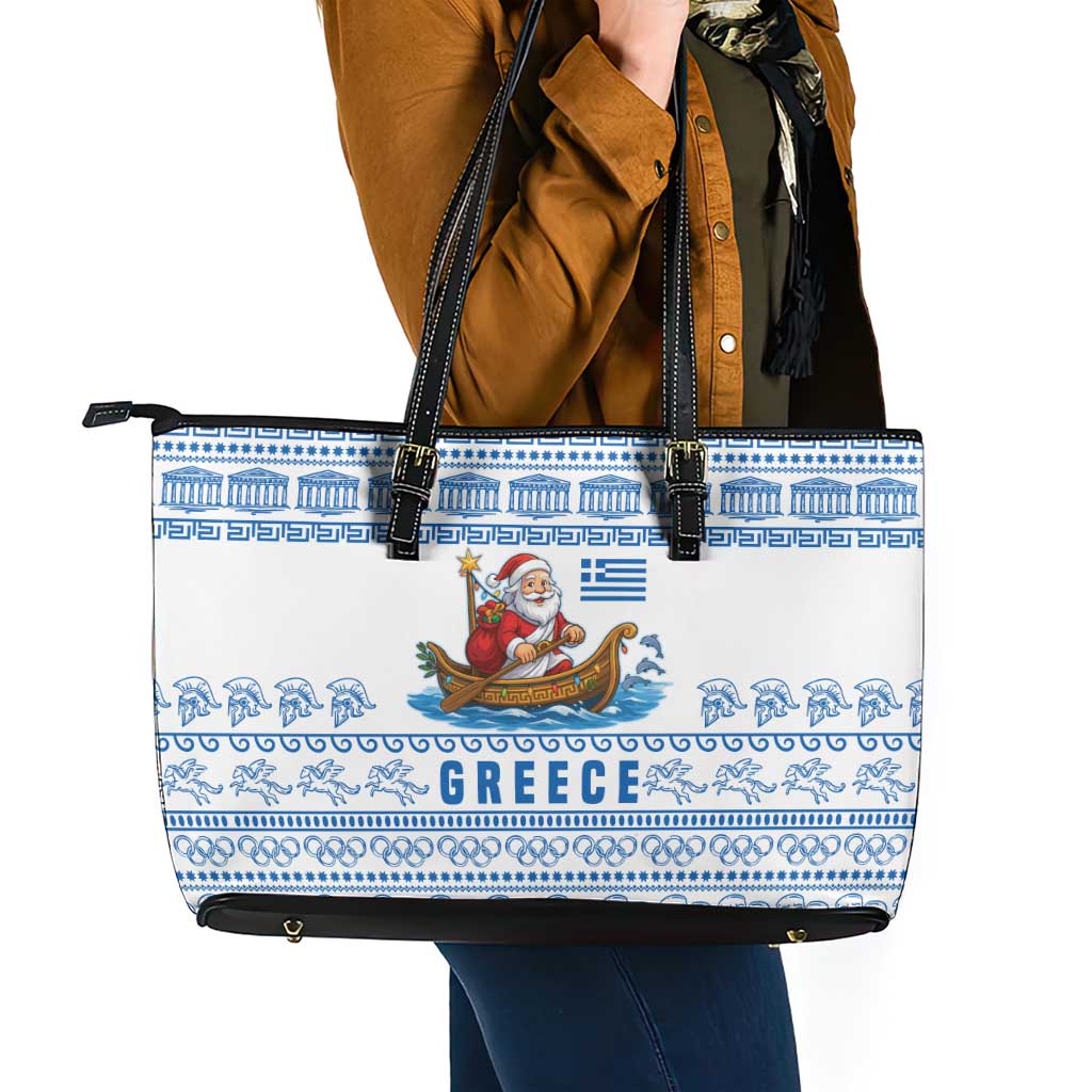 Greece Christmas Leather Tote Bag with Santa Rowing Boat Greek Flag Laurel Wreath Parthenon and Blue White Pattern Design - Wonder Print Shop