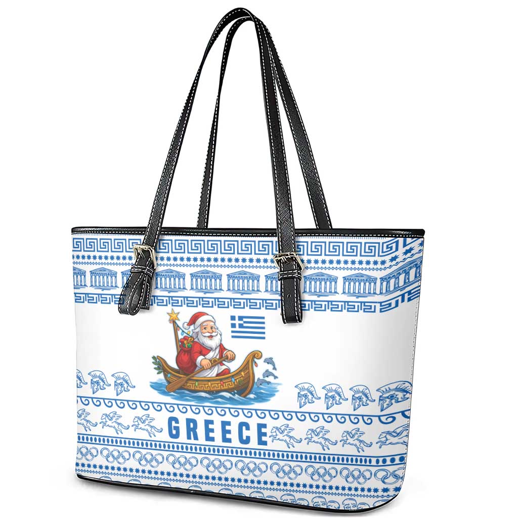 Greece Christmas Leather Tote Bag with Santa Rowing Boat Greek Flag Laurel Wreath Parthenon and Blue White Pattern Design - Wonder Print Shop