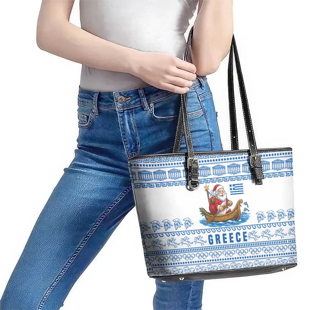 Greece Christmas Leather Tote Bag with Santa Rowing Boat Greek Flag Laurel Wreath Parthenon and Blue White Pattern Design - Wonder Print Shop