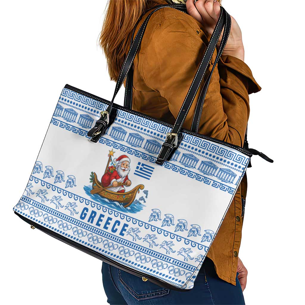 Greece Christmas Leather Tote Bag with Santa Rowing Boat Greek Flag Laurel Wreath Parthenon and Blue White Pattern Design - Wonder Print Shop
