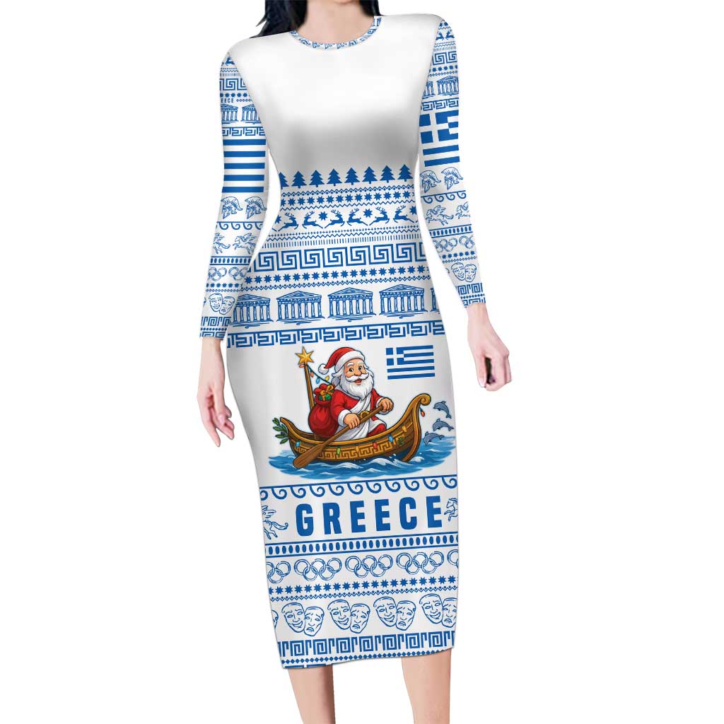 Greece Christmas Long Sleeve Bodycon Dress with Santa Rowing Boat Greek Flag Laurel Wreath Parthenon and Blue White Pattern Design - Wonder Print Shop