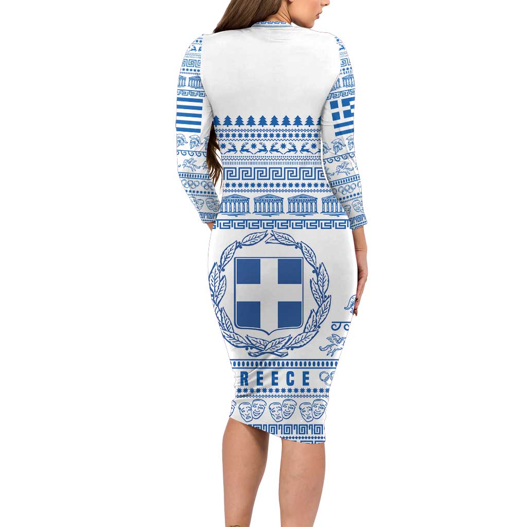 Greece Christmas Long Sleeve Bodycon Dress with Santa Rowing Boat Greek Flag Laurel Wreath Parthenon and Blue White Pattern Design - Wonder Print Shop