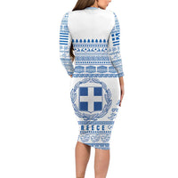 Greece Christmas Long Sleeve Bodycon Dress with Santa Rowing Boat Greek Flag Laurel Wreath Parthenon and Blue White Pattern Design - Wonder Print Shop