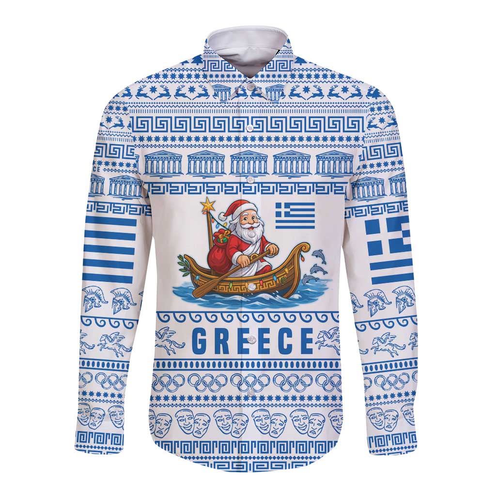 Greece Christmas Long Sleeve Button Shirt with Santa Rowing Boat Greek Flag Laurel Wreath Parthenon and Blue White Pattern Design - Wonder Print Shop
