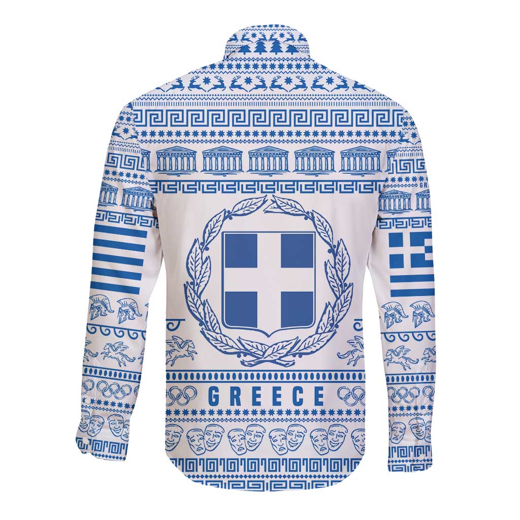 Greece Christmas Long Sleeve Button Shirt with Santa Rowing Boat Greek Flag Laurel Wreath Parthenon and Blue White Pattern Design - Wonder Print Shop