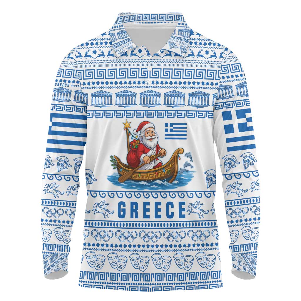 Greece Christmas Long Sleeve Polo Shirt with Santa Rowing Boat Greek Flag Laurel Wreath Parthenon and Blue White Pattern Design - Wonder Print Shop