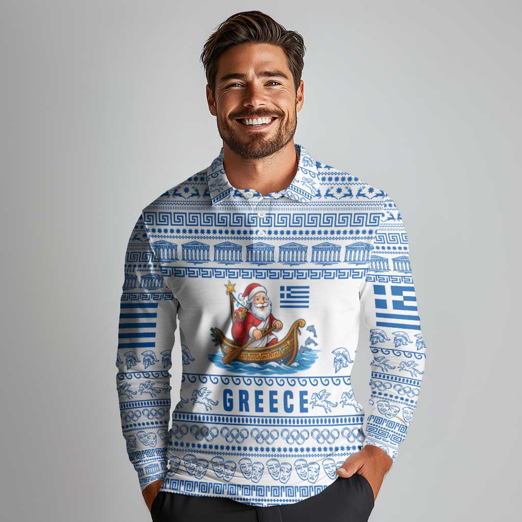 Greece Christmas Long Sleeve Polo Shirt with Santa Rowing Boat Greek Flag Laurel Wreath Parthenon and Blue White Pattern Design - Wonder Print Shop