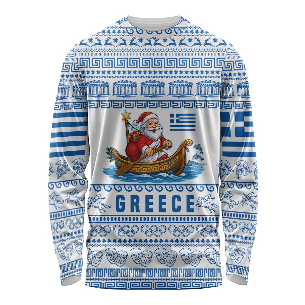 Greece Christmas Long Sleeve Shirt with Santa Rowing Boat Greek Flag Laurel Wreath Parthenon and Blue White Pattern Design - Wonder Print Shop